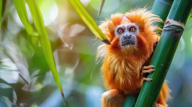 Golden-headed lion tamarin, Leontopithecus chrysomelas, Baha in Brazil. Cute red orange monkey in the nature tropic forest habitat. Small Golden-headed lion tamarin on bamboo tree in junge