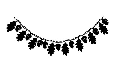 Obraz premium Black silhouette garland with oak leaves and acorns hanging on a white background acorn silhouette oak leaf