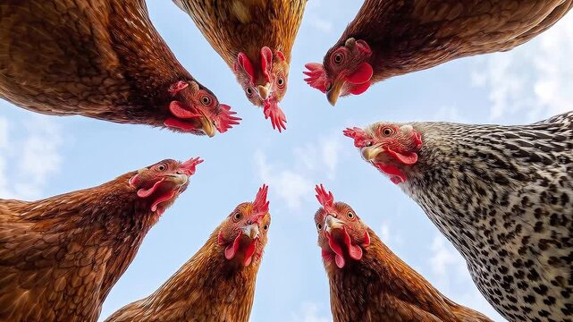 Static shot low angle close up of chickens pecking and crowding around lens in farm yard with barn and blue sky during bright morning curious rural scene