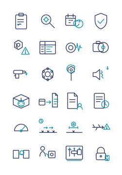 Equipment maintenance icon set, 24 elements: inspection, vibration and thermal diagnosis, lubrication, bearing wear, MTBF MTTR, failure mode, lockout tagout, editable stroke, isolated on transparent