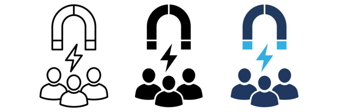 Lead generation magnet icon set, customer attraction vector symbols, marketing audience engagement graphics for business growth