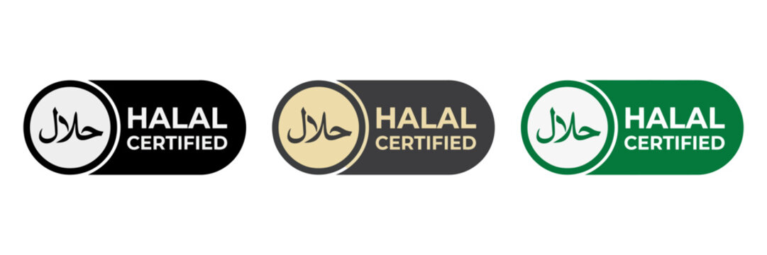 Halal certified logo set with Arabic calligraphy, 3 vector food quality stamps in black, gold and green, Islamic dietary compliance labels