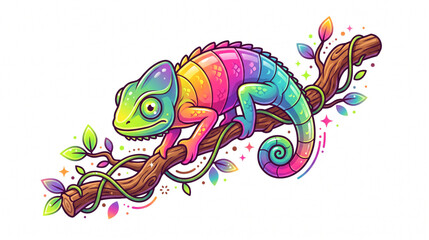 Obraz premium Colorful Rainbow Chameleon Perched on Twig Vector