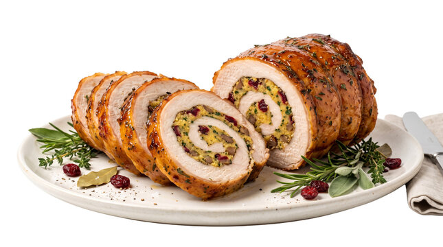 Sliced stuffed turkey roll with cranberry filling served on a ceramic plate PNG