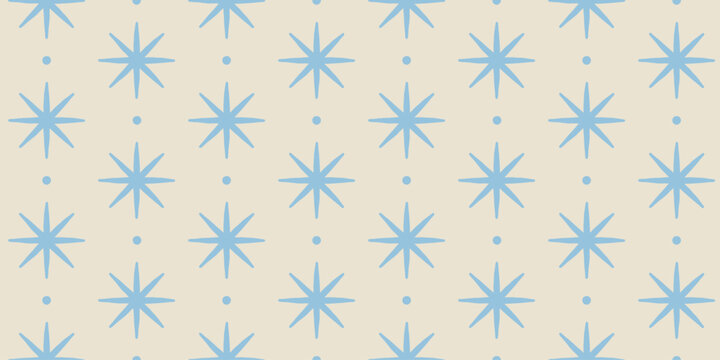 Vector Seamless Christmas pattern with hand-drawn holiday elements, geometric shapes, stars and festive ornaments in a retro color palette, design template for wrapping paper
