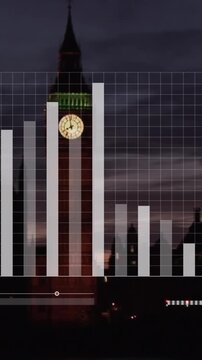 Animation of financial data processing over london cityscape