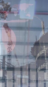 Animation of financial data processing over smiling man construction site