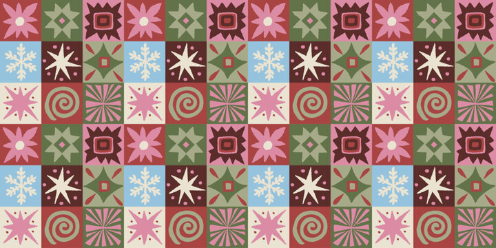 Vector Seamless Christmas pattern with hand-drawn festive motifs, decorative stars and ornaments in a playful vintage-inspired style, design template for wrapping paper,
