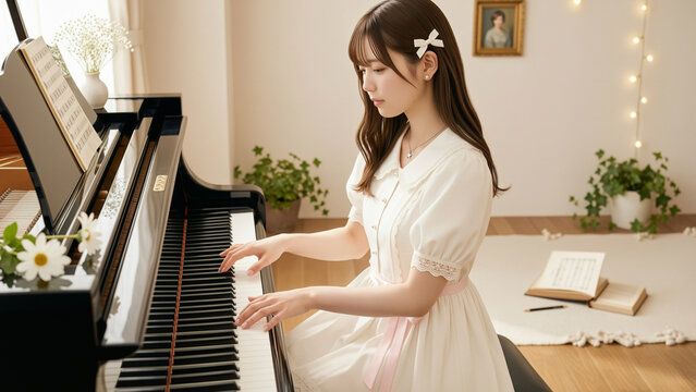 Young Woman Playing Piano at Home with Sheet Music