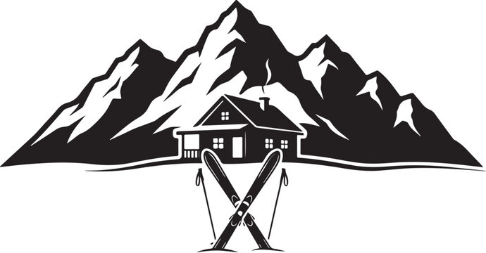Winter sports logo, Ski resort and mountain hut icon, Black and white retro badge, Alpine landscape with crossed skis and chalet, Vintage hiking emblem, Outdoor excursion symbol, SVG vector