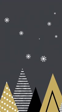 Animation of christmas tree with decorations over trees and snow falling on black background