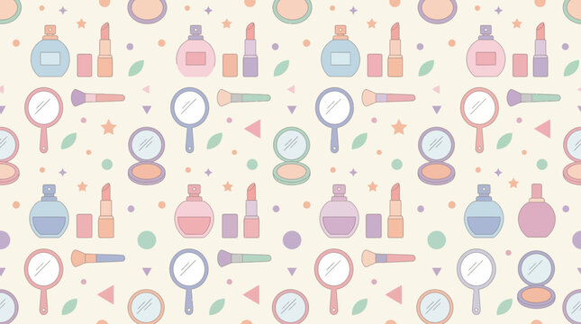 Kawaii Makeup Pattern - Perfume, Lipstick, Mirror, Brush, Powder