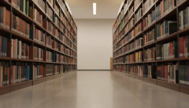 Library Corridor of Knowledge: A long, symmetrical corridor of bookshelves filled with countless volumes stretches into the distance.