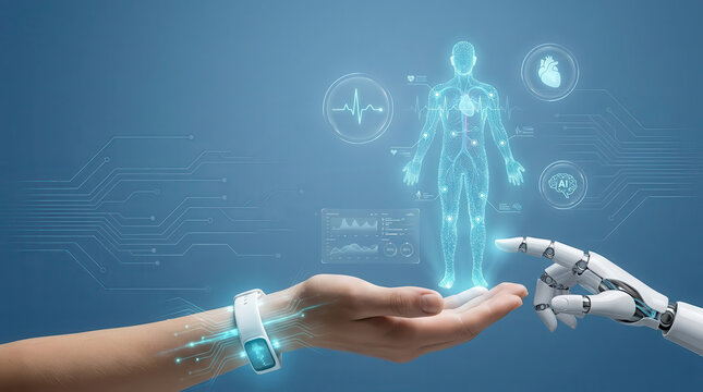 AI healthcare concept with human and robotic hands beneath glowing digital human hologram, representing artificial intelligence, medical innovation, robotics, connected care and future technology
