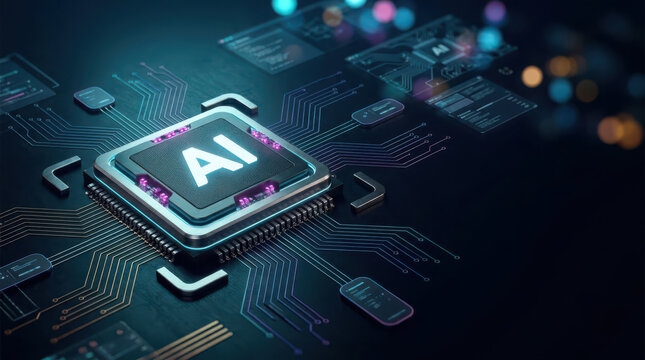 Artificial intelligence processor on high tech circuit board with glowing digital connections, symbolizing machine learning, advanced computing, electronic technology, innovation and digital transform