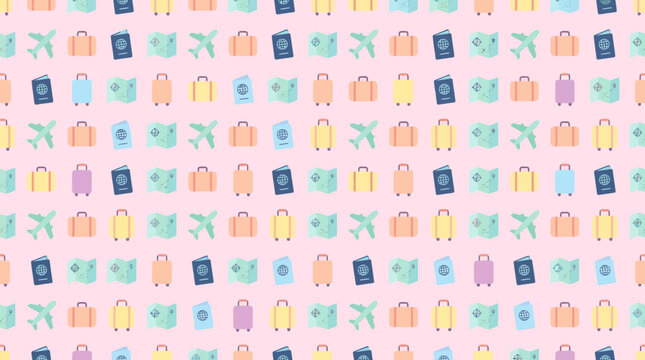 Seamless travel pattern: suitcases, passports, airplanes, maps