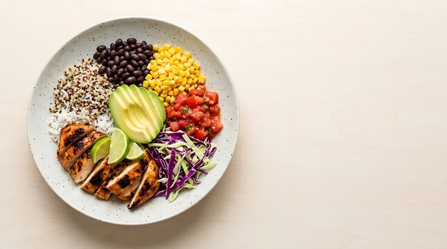 Healthy burrito bowl with grilled chicken avocado black beans corn salsa and fresh vegetables served. chicken taco bowl