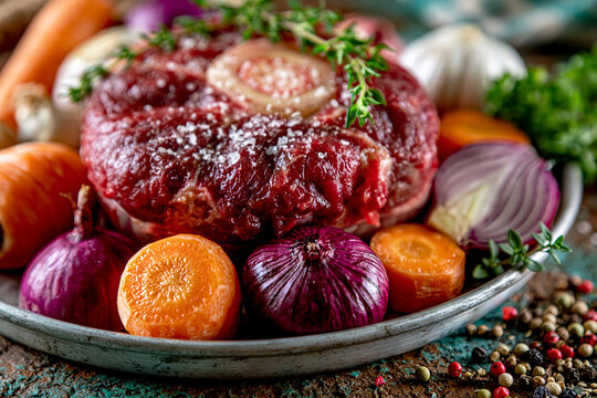 Raw osso buco beef shank surrounded by fresh vegetables and herbs in a bowl with raw meat