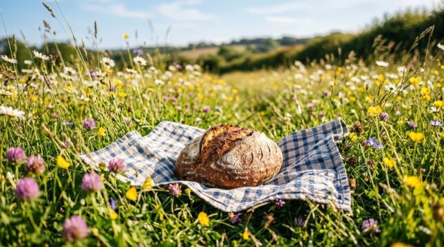 Artisanal bread is displayed on a checkered cloth surrounded by a variety of blooming wildflowers in a green field under a blue sky
