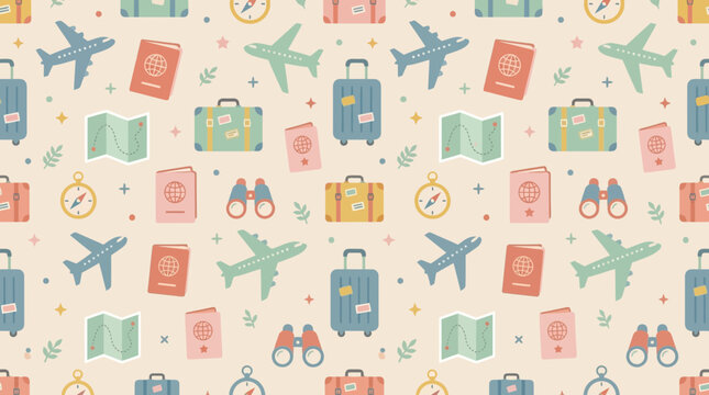 Travel Pattern: Suitcases, Airplanes, Passports, Maps, Compasses, Binoculars