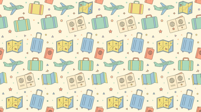 Travel seamless pattern: airplanes, luggage, passports, maps, stars
