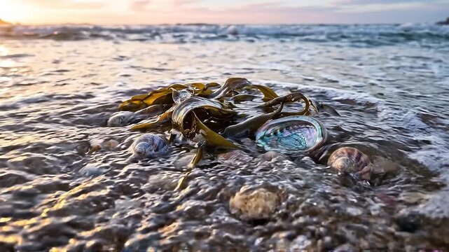 Slow motion tracking handheld pan of abalone shell and seaweed being washed and rolled by incoming tide on rocky beach shoreline at sunset evening calm twilight
