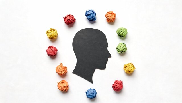 Black silhouette of human head surrounded by colorful crumpled paper balls representing creative thinking and idea generation