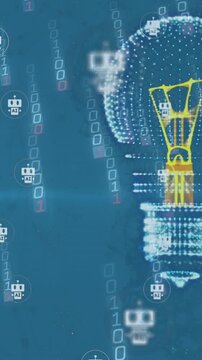 Animation of 3d light bulb over robot icons against falling binary codes on blue background