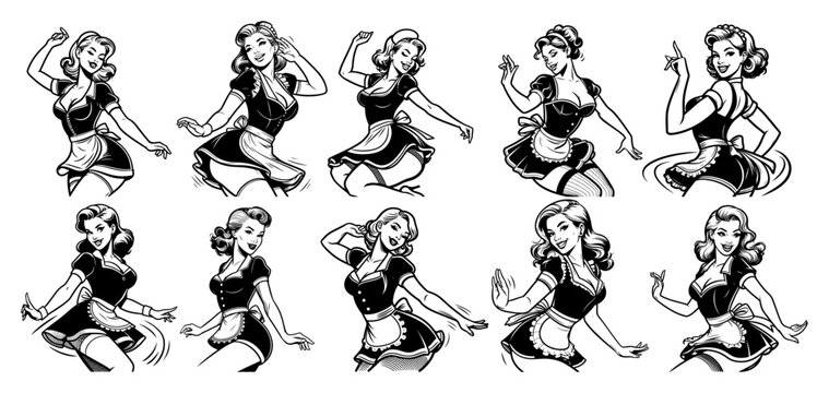 Big collection of dancing retro pin up maids, vintage waitress characters in dynamic poses set, black and white line art vector illustration bundle
