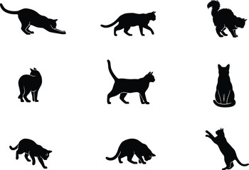 Fototapeta premium Black Cat Silhouette Icon Set with Various Poses Including Stretching Walking Sitting and Pouncing Elements for Pet Shop Branding Creative Crafts and Graphic Designs