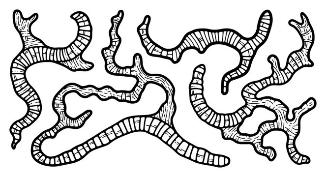 Abstract organic shapes set with line texture, decorative worm or coral like elements, hand drawn vintage vector illustration for patterns and design
