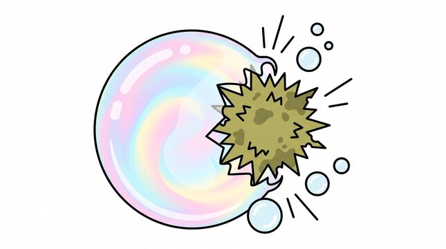 Iridescent soap bubble popping by sharp green virus cell, cartoon germ destroying protective bubble, medical concept