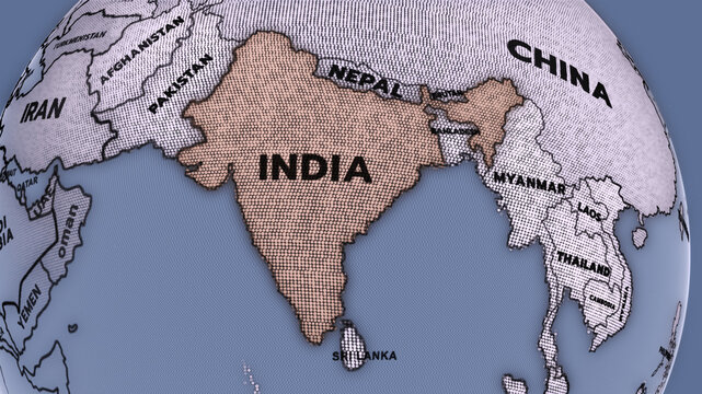 A digital 3D map highlighting India, surrounded by neighboring countries, INDIA map, nepal map, china map,