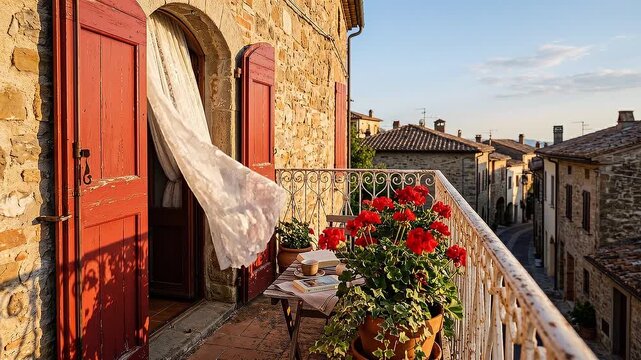 Slow pan of balcony curtain billowing with red geraniums on stone terrace overlooking narrow italian village street in warm golden evening light, calm atmosphere