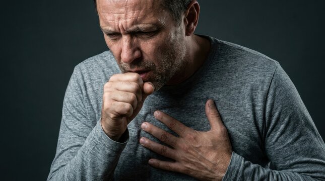 Middle-Aged Man Coughing and Holding Chest in Pain Against Dark Background, concept of respiratory illness and physical suffering