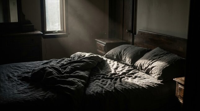 Sunlight streaming through a window onto a messy unmade bed in a dark moody bedroom, concept of morning solitude and quiet beginnings