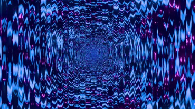Rich blue and magenta glowing chevrons burst inward through distorted corrugated glass. The complex glass prism refraction creates an immersive atmospheric wallpaper.
