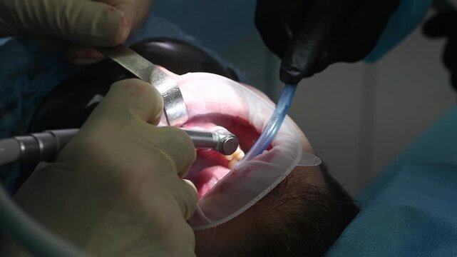 Close-up view of dental treatment using a dental drill or dental unit with a handpiece, saliva ejector, and lip or cheek retractor.