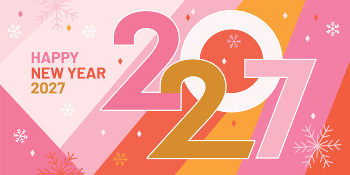 Colorful vector illustration for Happy New Year 2027 celebration. Large overlapping 2027 numbers with bright pink, orange, red and yellow geometric shapes, decorative snowflakes and festive winter ele