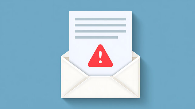 Email warning message concept with danger alert sign on paper document inside an open white envelope on a blue background 3d render vector