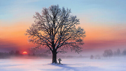 Obraz premium Winter Sunset Landscape Illustration with Solitary Tree
