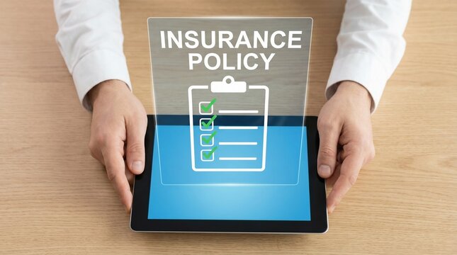 Digital health insurance policy displayed on tablet screen with medical protection and family safety concept