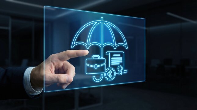 Digital health insurance concept with medical protection and family safety icons displayed on transparent screen