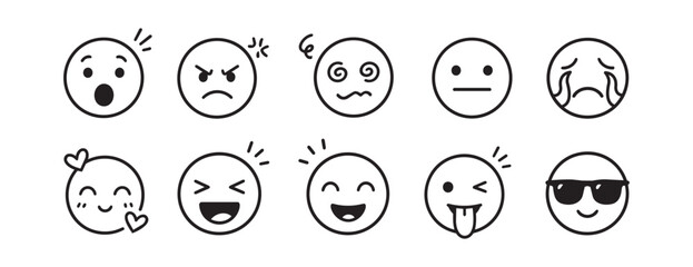 Fototapeta premium Hand drawn doodle outline emoji set featuring ten expressive round faces showing surprise, anger, dizziness, neutral calm, crying, blush, laughter, joy, wink, and cool sunglasses in simple black