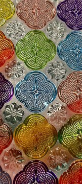 Decorative glass surface featuring repeating embossed quatrefoil and starburst patterns in vibrant translucent colors. The reflective metallic background enhances the craftsmanship.