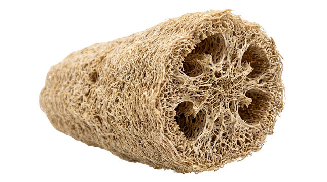 Natural loofah sponge on white background, organic luffa scrub for body care, textured fibrous bath accessory for exfoliation