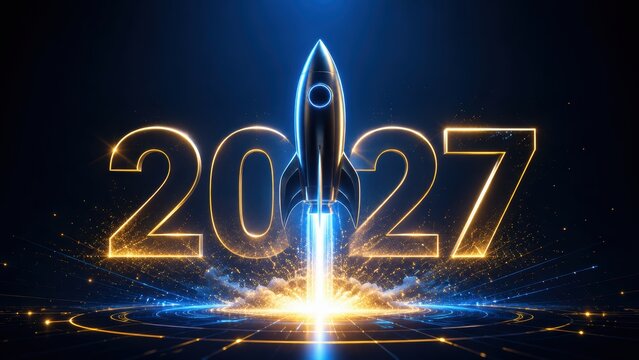futuristic rocket launching in front of glowing 2027 numbers with blue and golden light effects on dark background