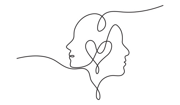 Two faces profile heart vector icon minimalist continuous line drawing