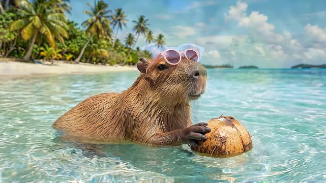 Tracking shot of capybara holding coconut while floating in shallow tropical lagoon near palm lined sandy beach under bright daytime sky