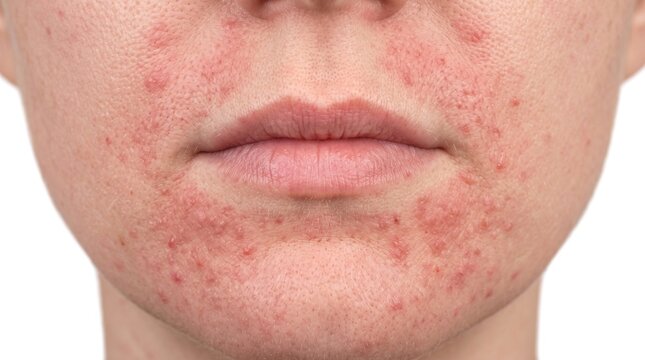Close up of woman lower face with perioral dermatitis, severe acne breakout and red skin irritation around the mouth